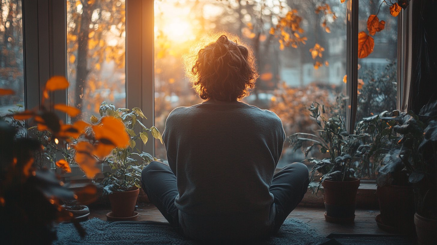 Una persona contemplativa guarda fuori dalla finestra, riflettendo.