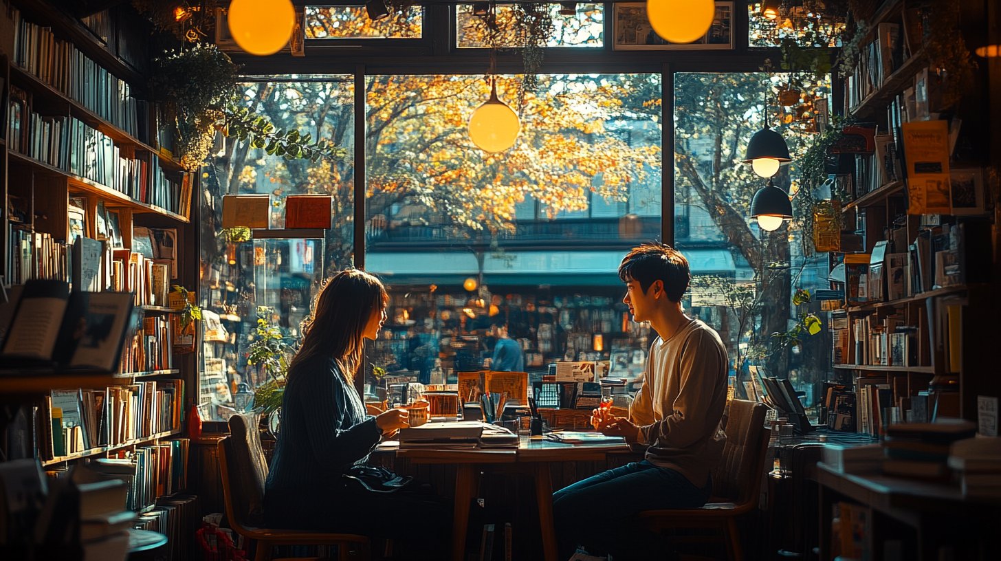 Due persone conversano sinceramente in un caffè accogliente.