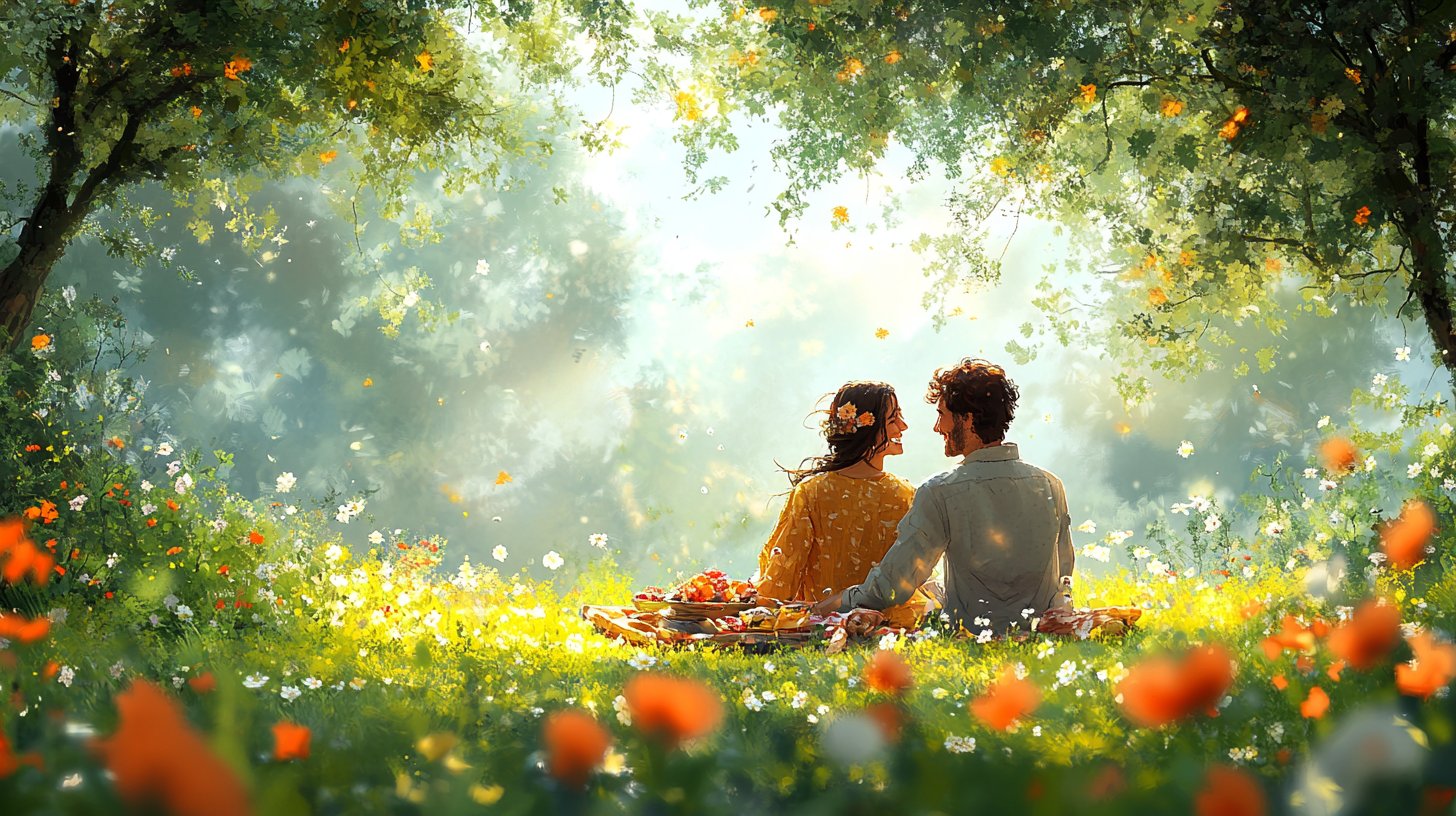 Una coppia felice si gode un picnic in un parco pittoresco.