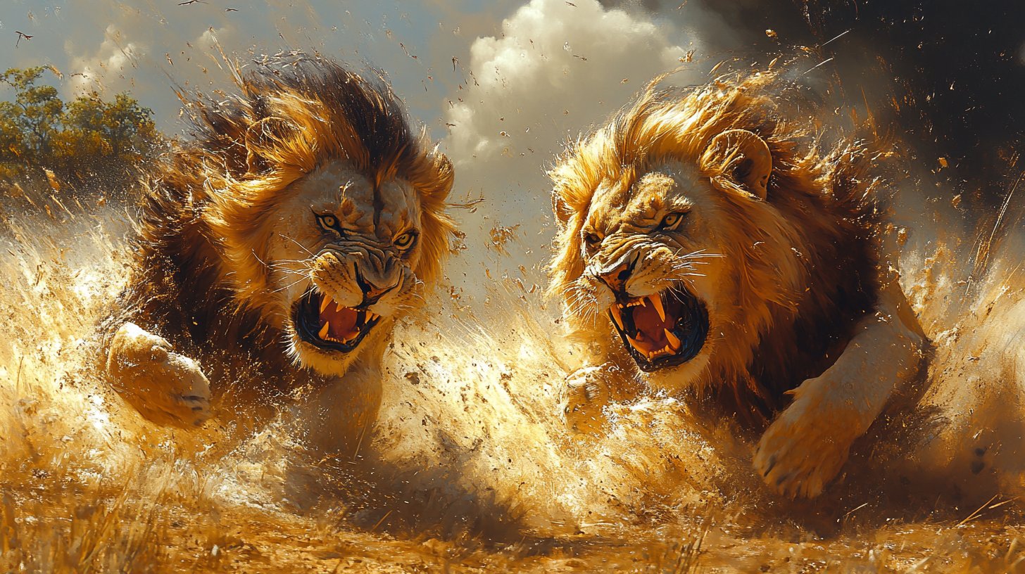 Due leoni in lotta per la dominanza nella savana.