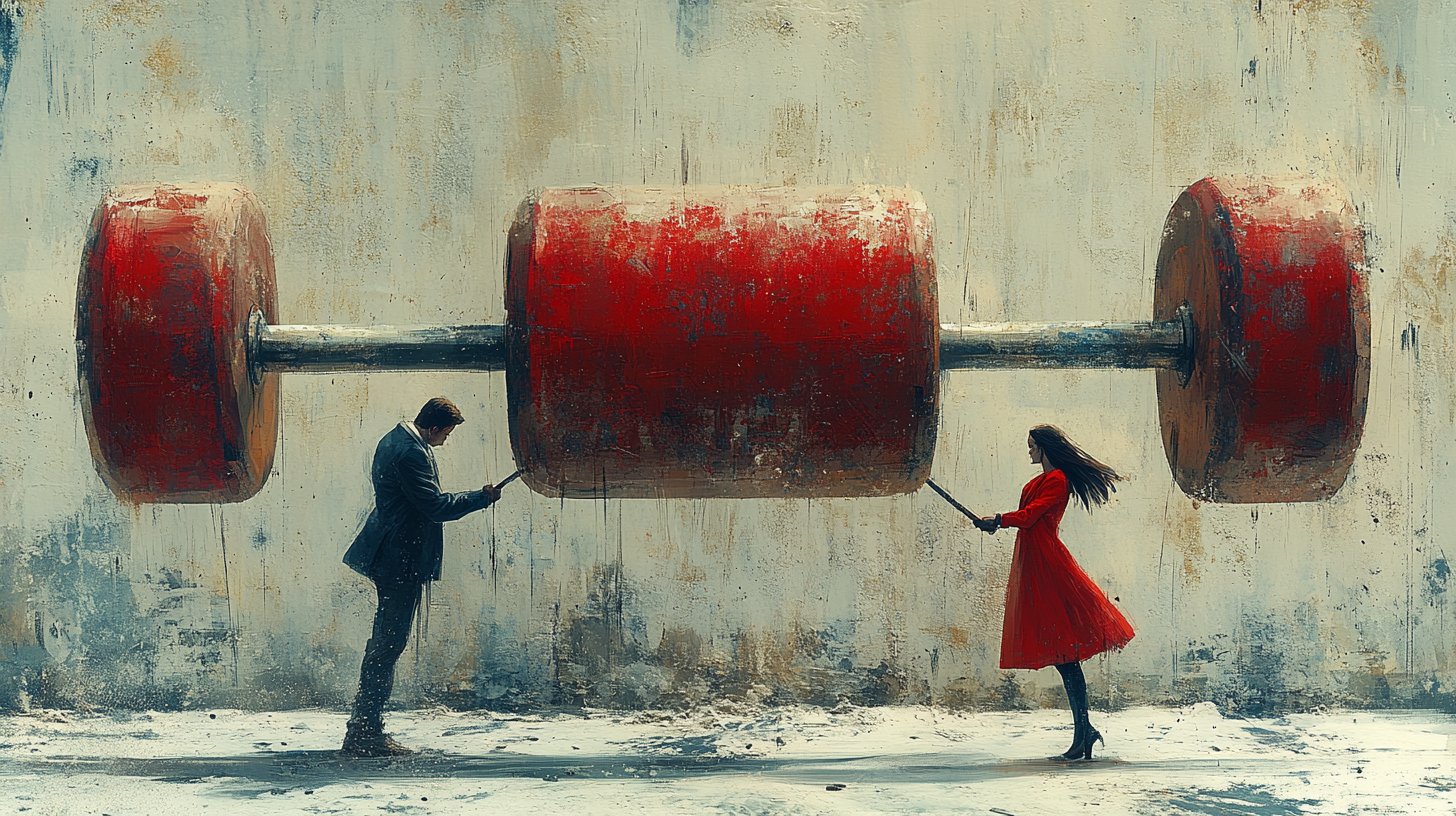 Una persona equilibra pesos pesados de responsabilidad mientras su pareja está desinteresada.
