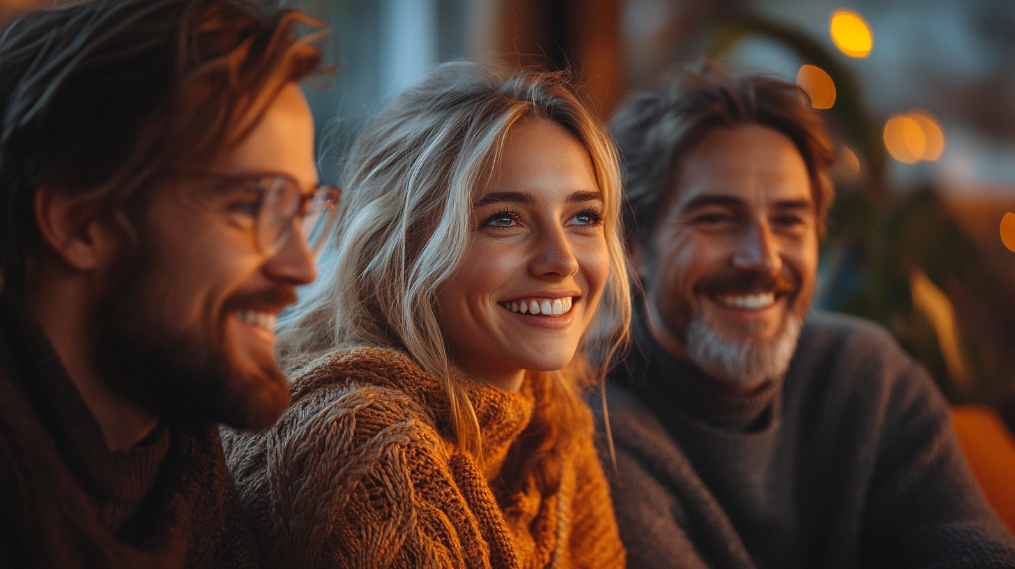 Ein herzlicher Moment der Verbindung zwischen Freunden und Familie voller Lachen.