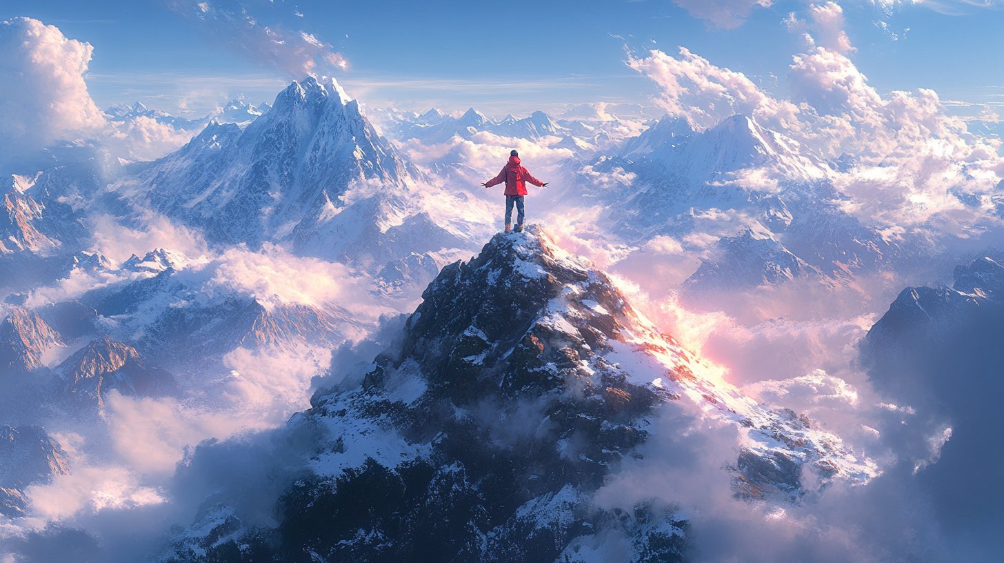 Eine inspirierende Person auf einem Berggipfel, die Widerstandskraft und Selbstvertrauen zeigt.