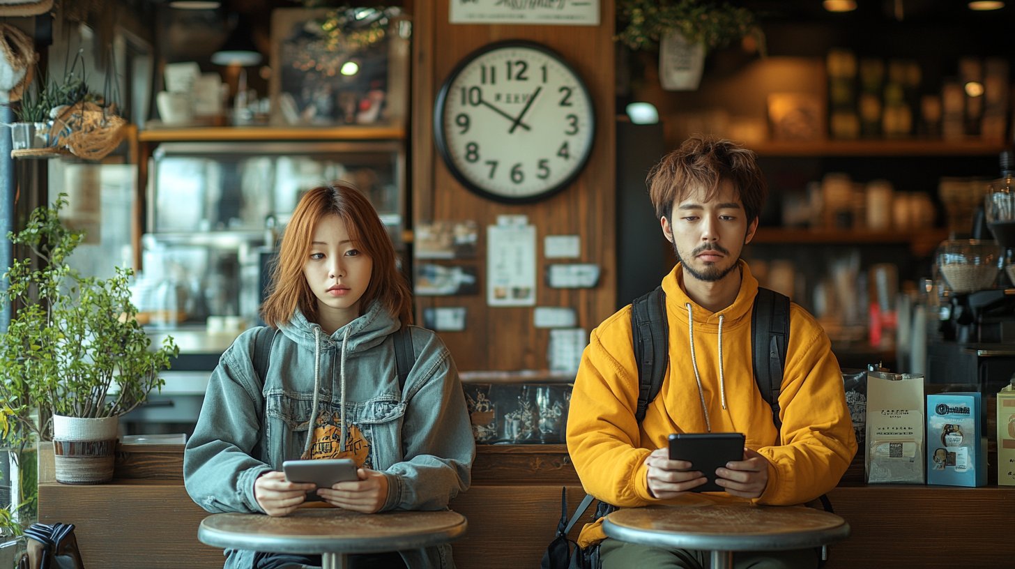 Dos personas están sentadas separadas en una cafetería, absortas en sus dispositivos.
