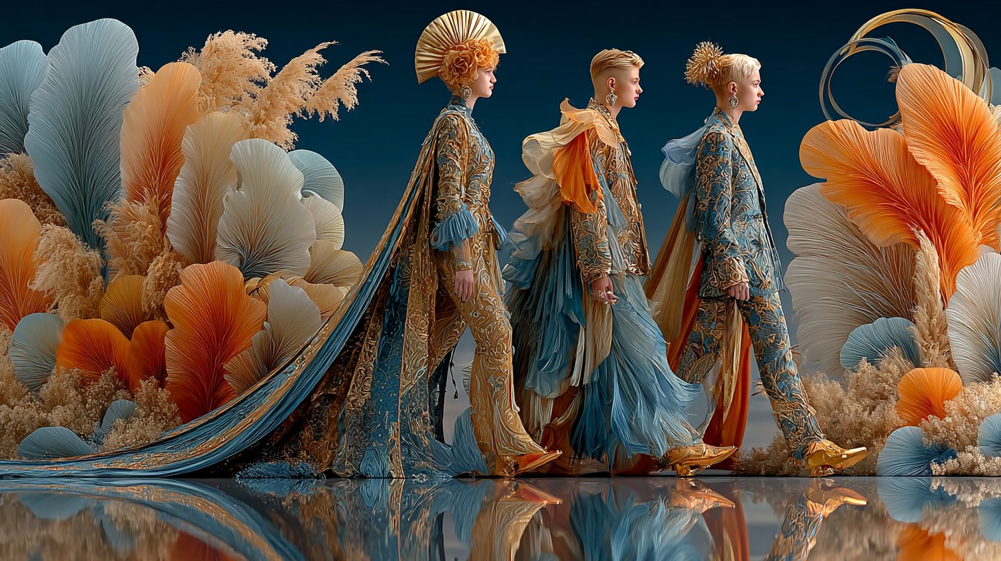 Signes d'Air et de Feu en costumes vibrants entourés de nuages et de flammes.