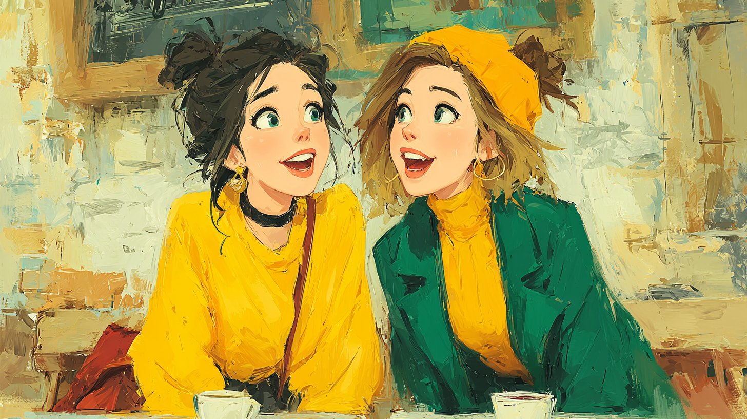 Zwei Freunde lachen bei einer Tasse Kaffee in einem gemütlichen Café.