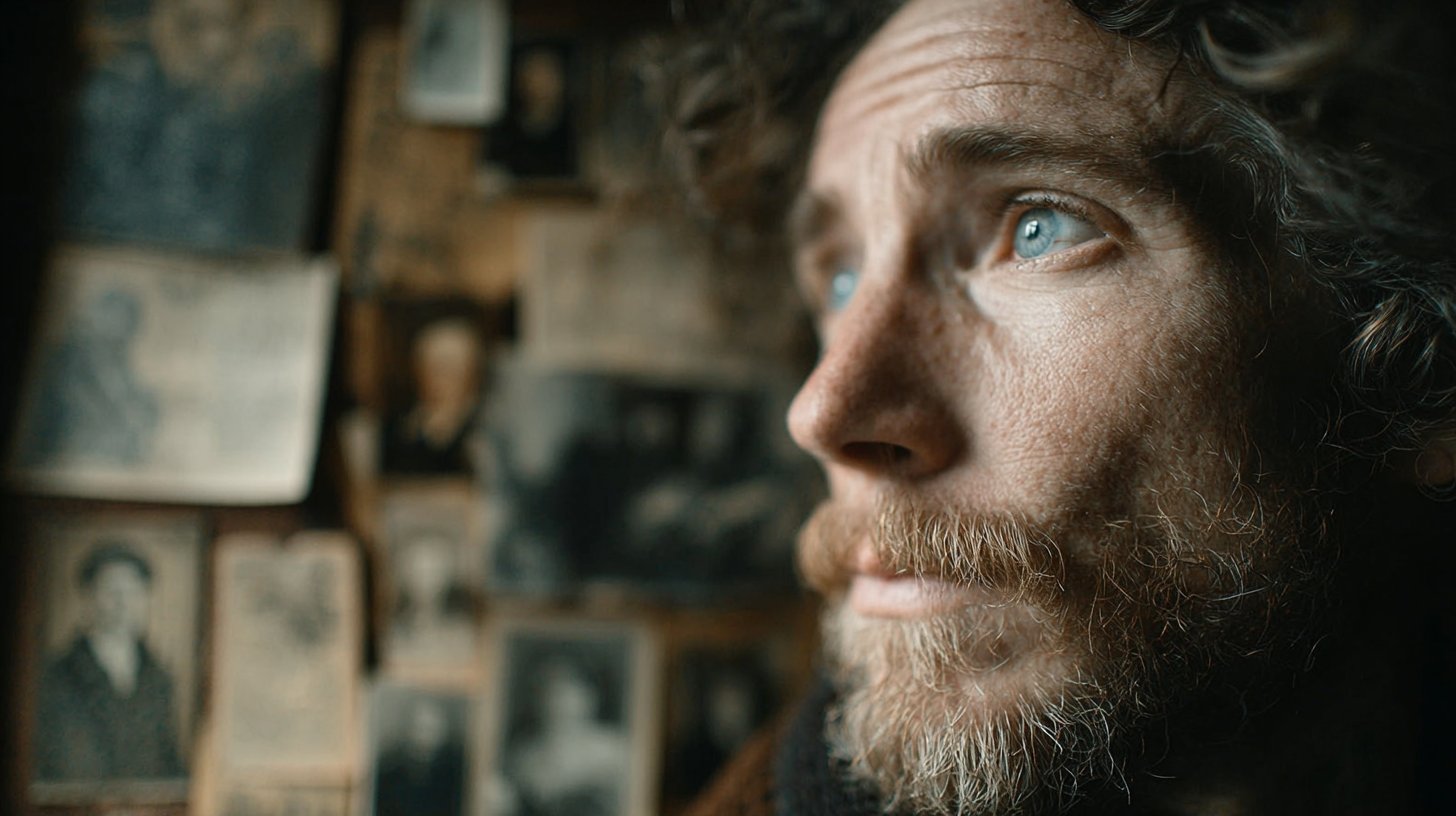Nahaufnahme eines nachdenklichen Mannes, umgeben von alten Fotos.