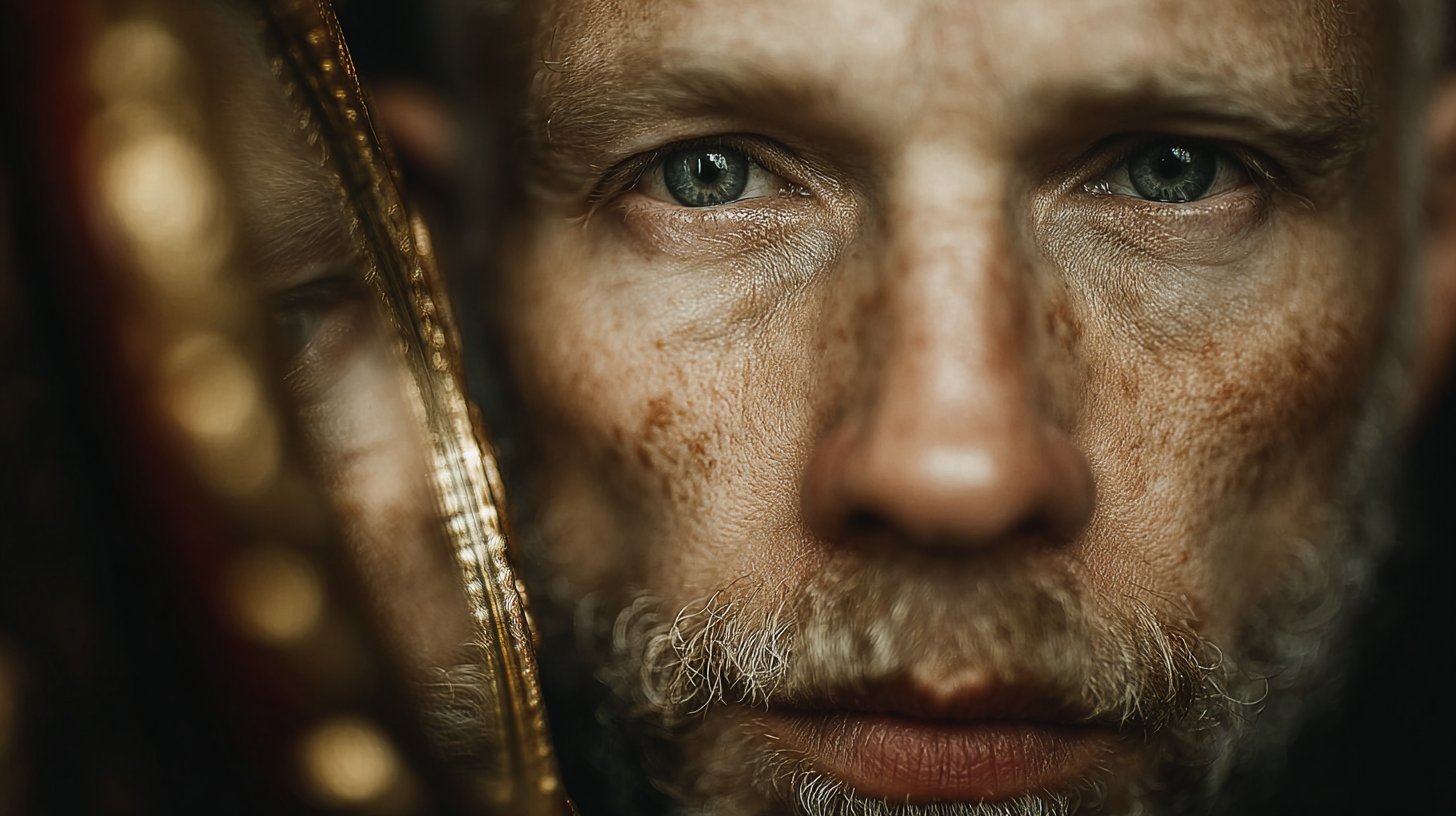 Nahaufnahme eines selbstzufriedenen Mannes umgeben von Spiegeln.