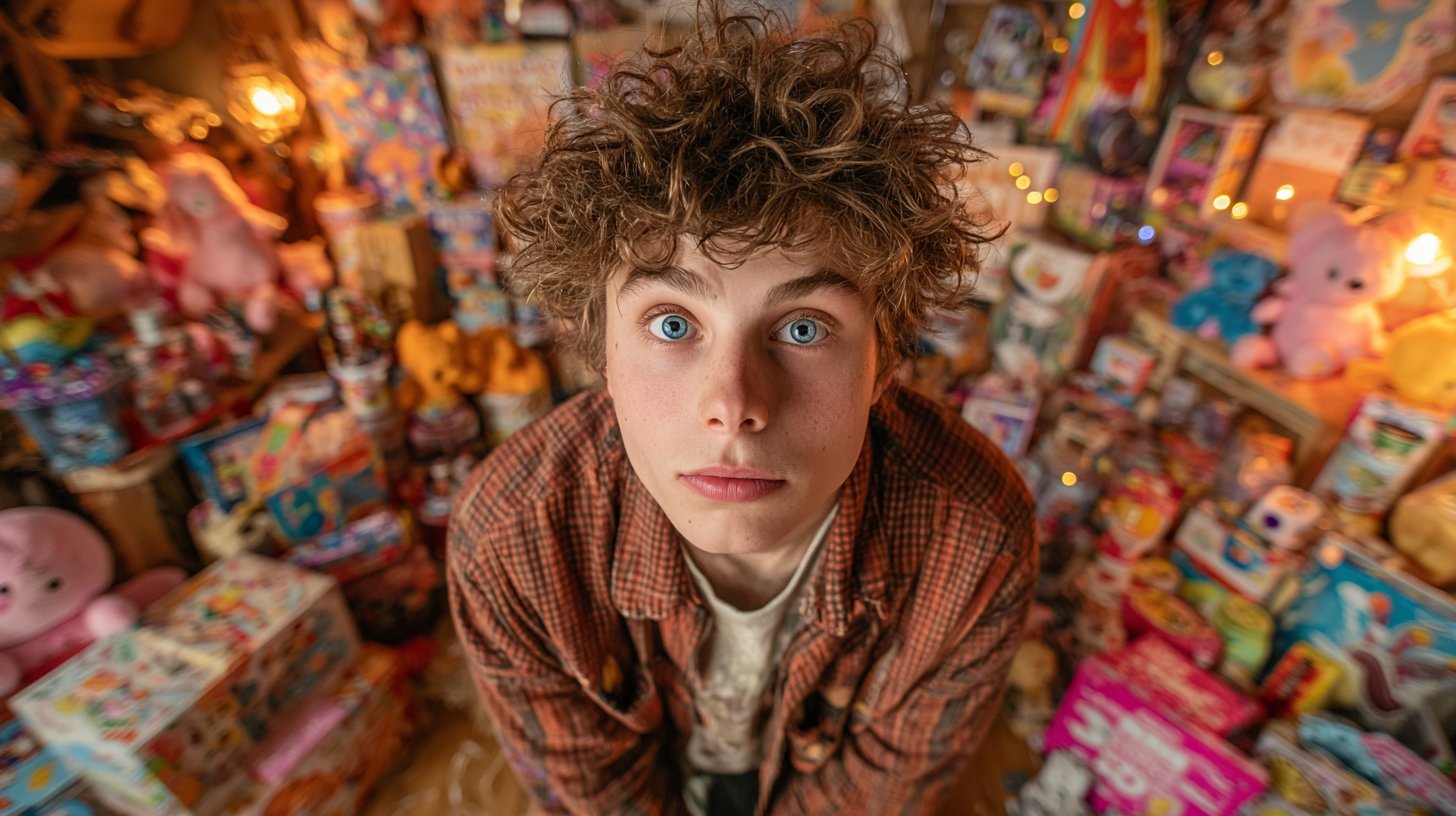 Ein junger Mann mit einem verspielten Verhalten inmitten von Spielzeug.