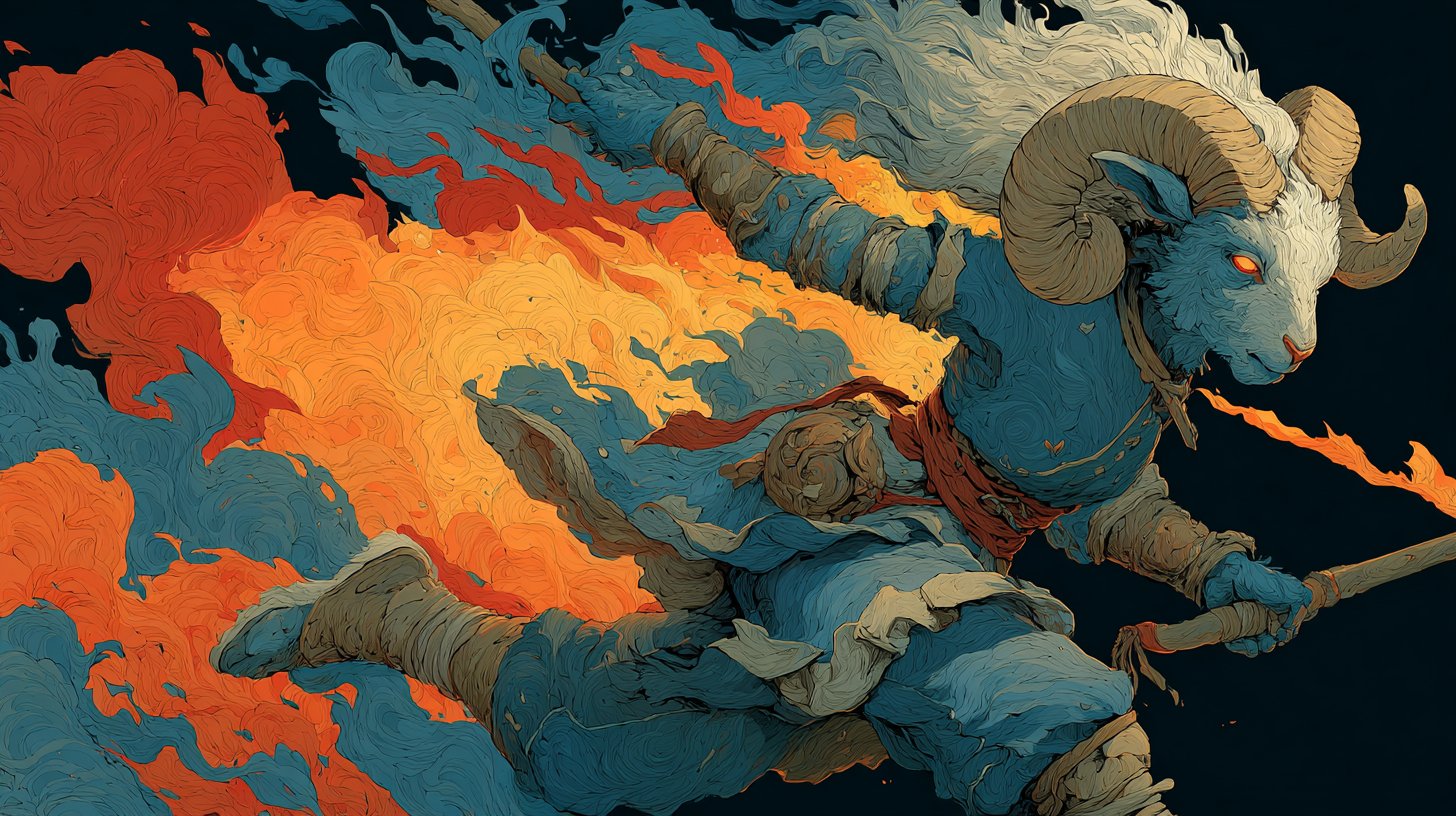 Dynamische Darstellung des Widders, die Energie und Enthusiasmus symbolisiert.