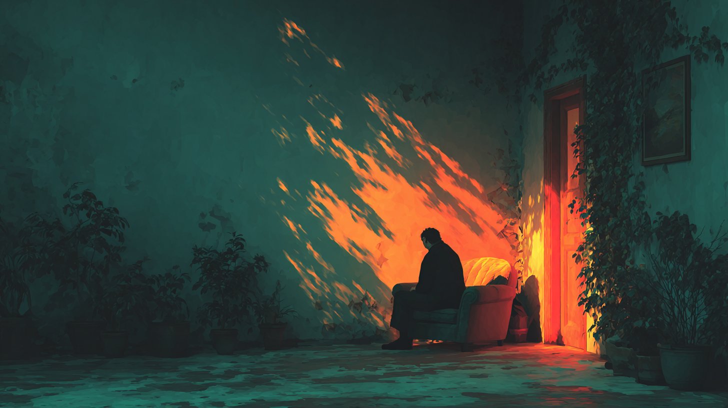 Besorgter Mann allein im schattigen Raum.