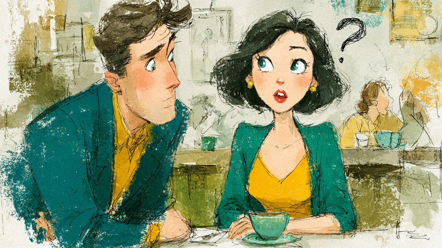 Zwei Personen im Café, vorsichtiger Austausch.