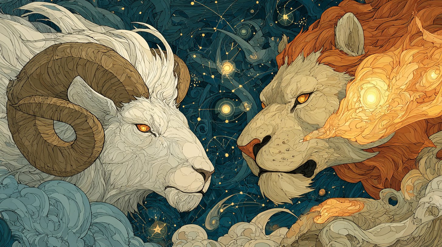 Der feurige Widder und der majestätische Löwe in abenteuerlicher Harmonie.