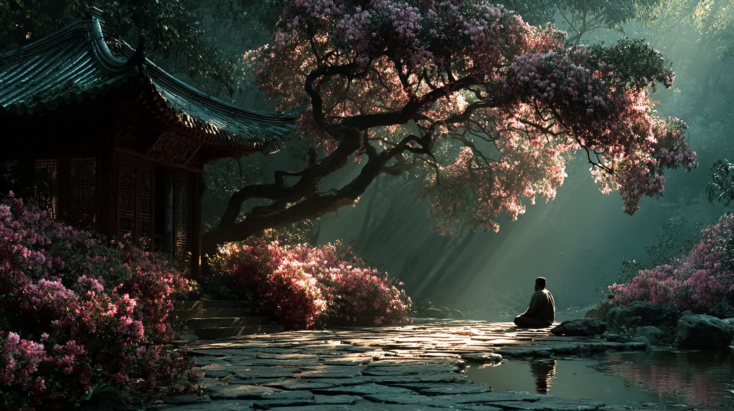 Eine friedliche Heilszene in einem blühenden Garten.