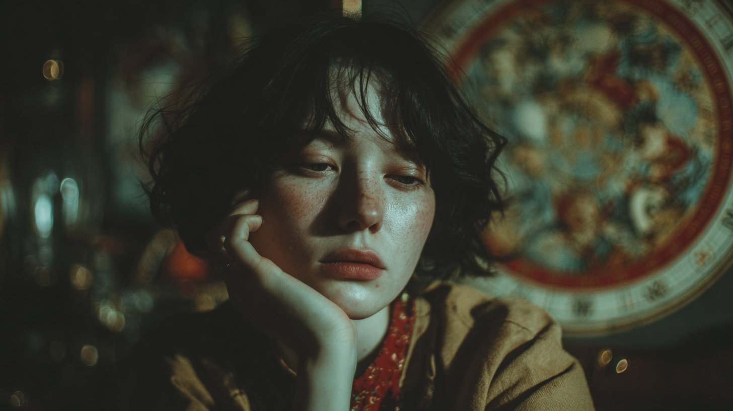 Selbstreflexion vor einem Hintergrund von Tierkreiszeichen.