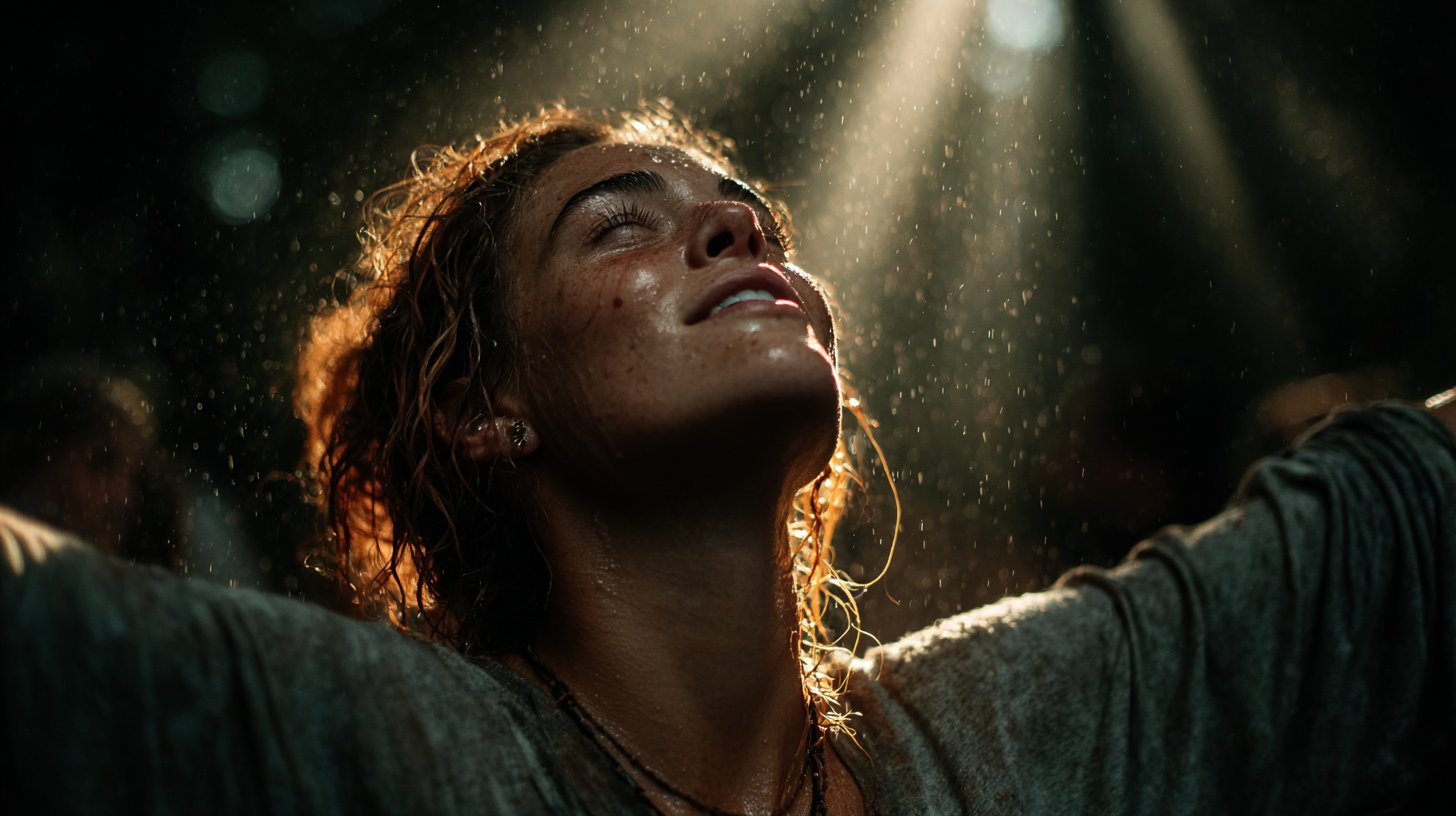 Una persona che abbraccia gioiosamente la natura, illuminata dal sole.