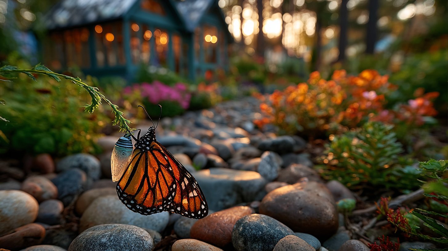 Una farfalla che emerge da un bozzolo in un giardino sereno.