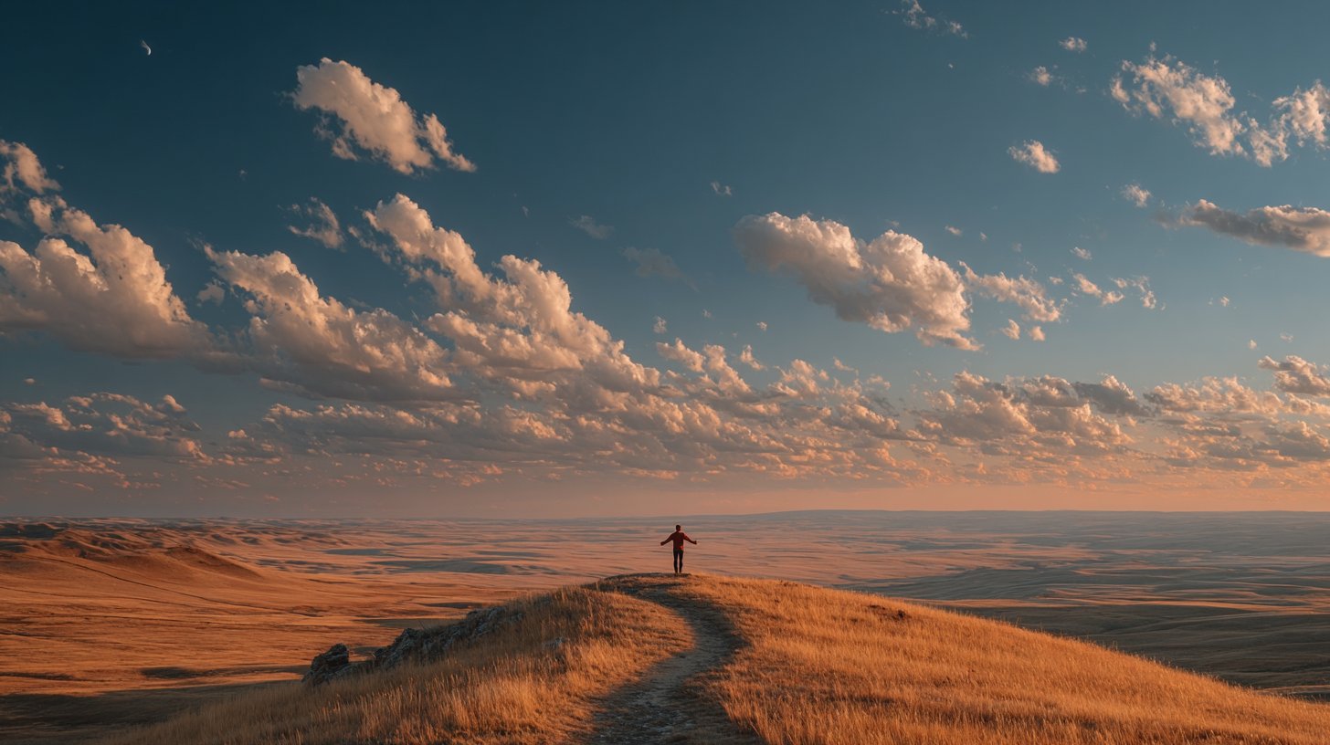 Una persona su una collina, con le braccia aperte verso un cielo chiaro.