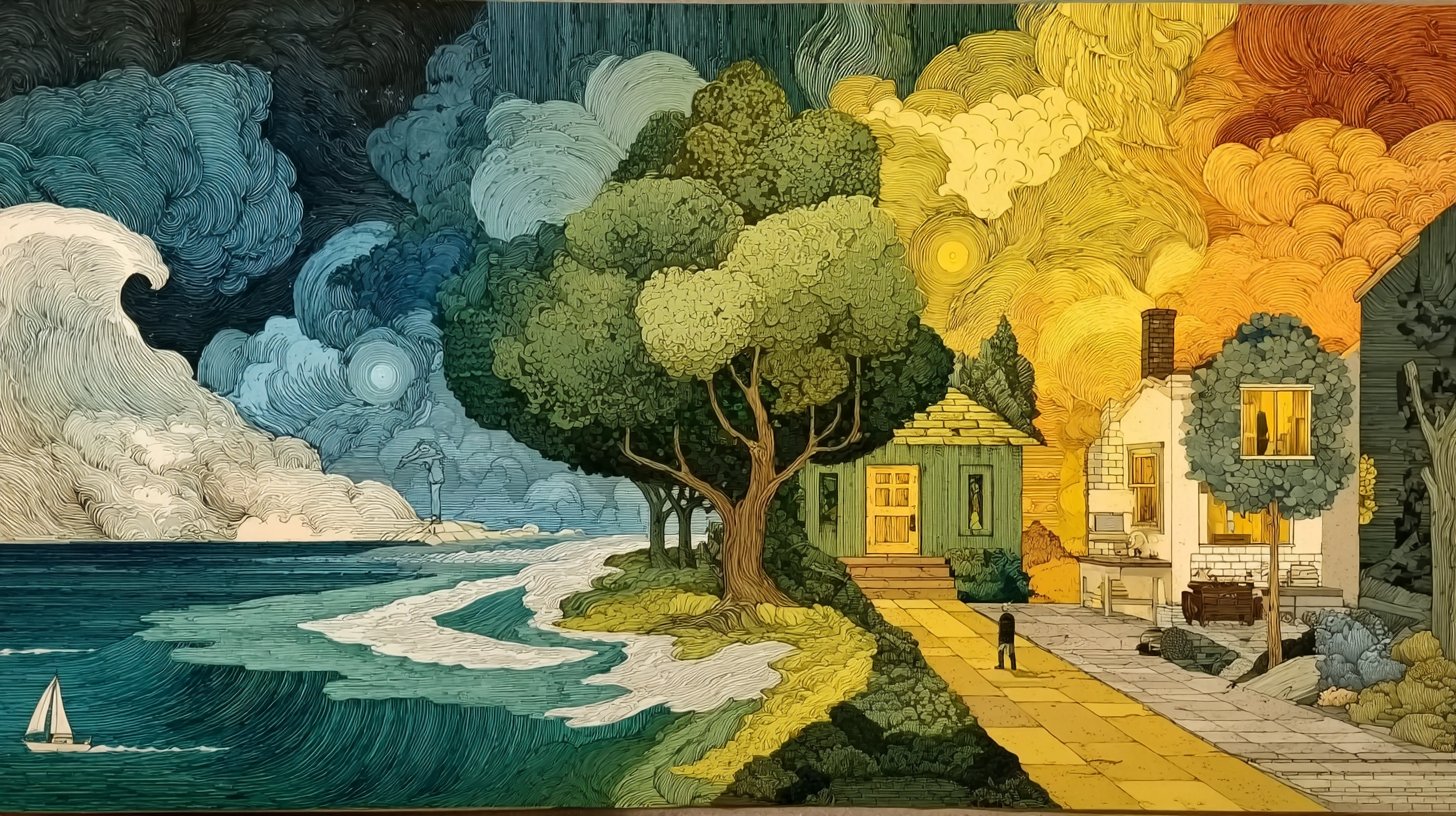 Die vier Elemente entfalten sich in harmonischer Landschaft.