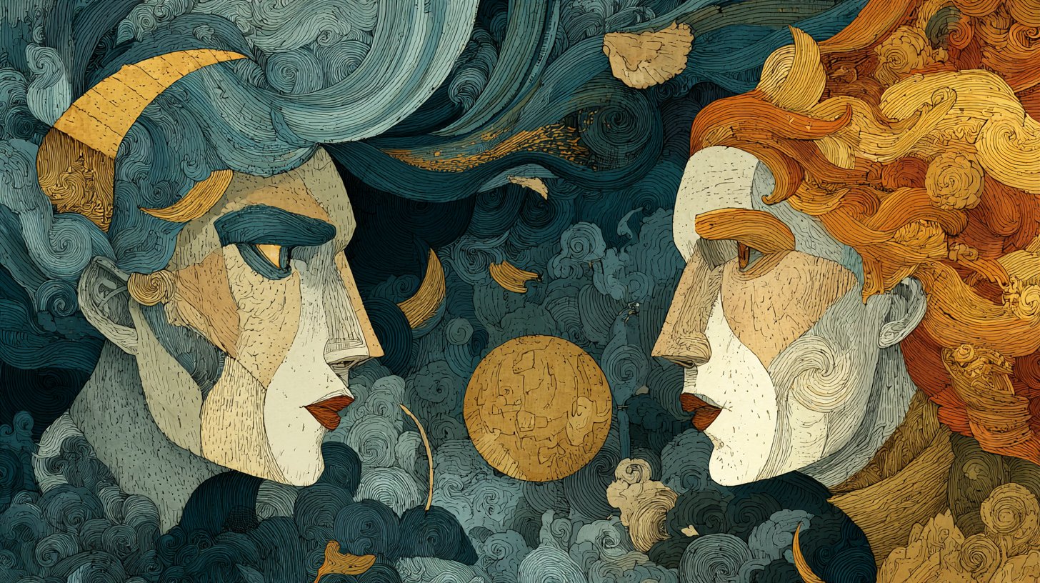 Illustrazione drammatica di due segni zodiacali in conflitto.