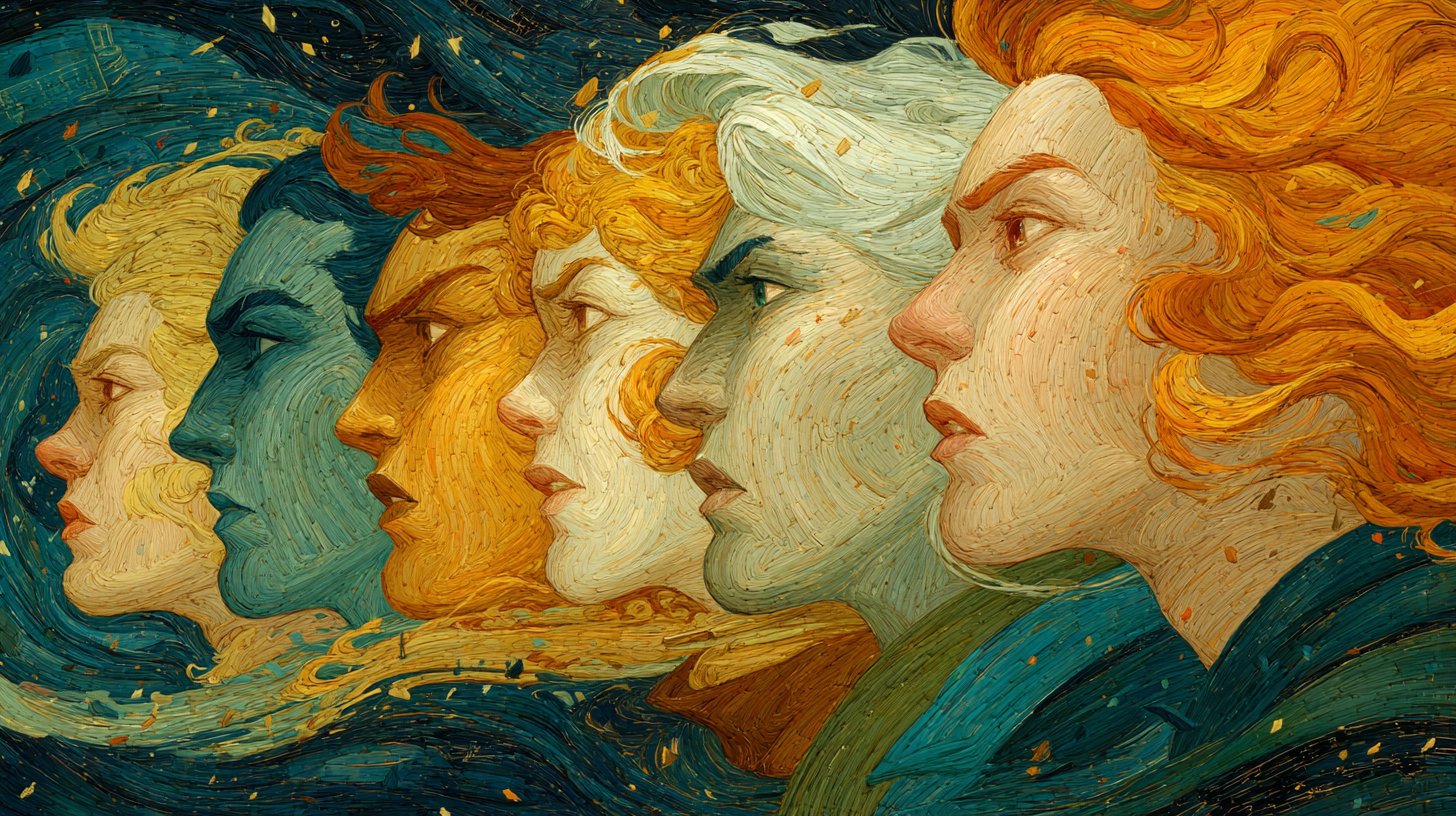 Rappresentazione dinamica di espressioni emotive collegate ai segni zodiacali.