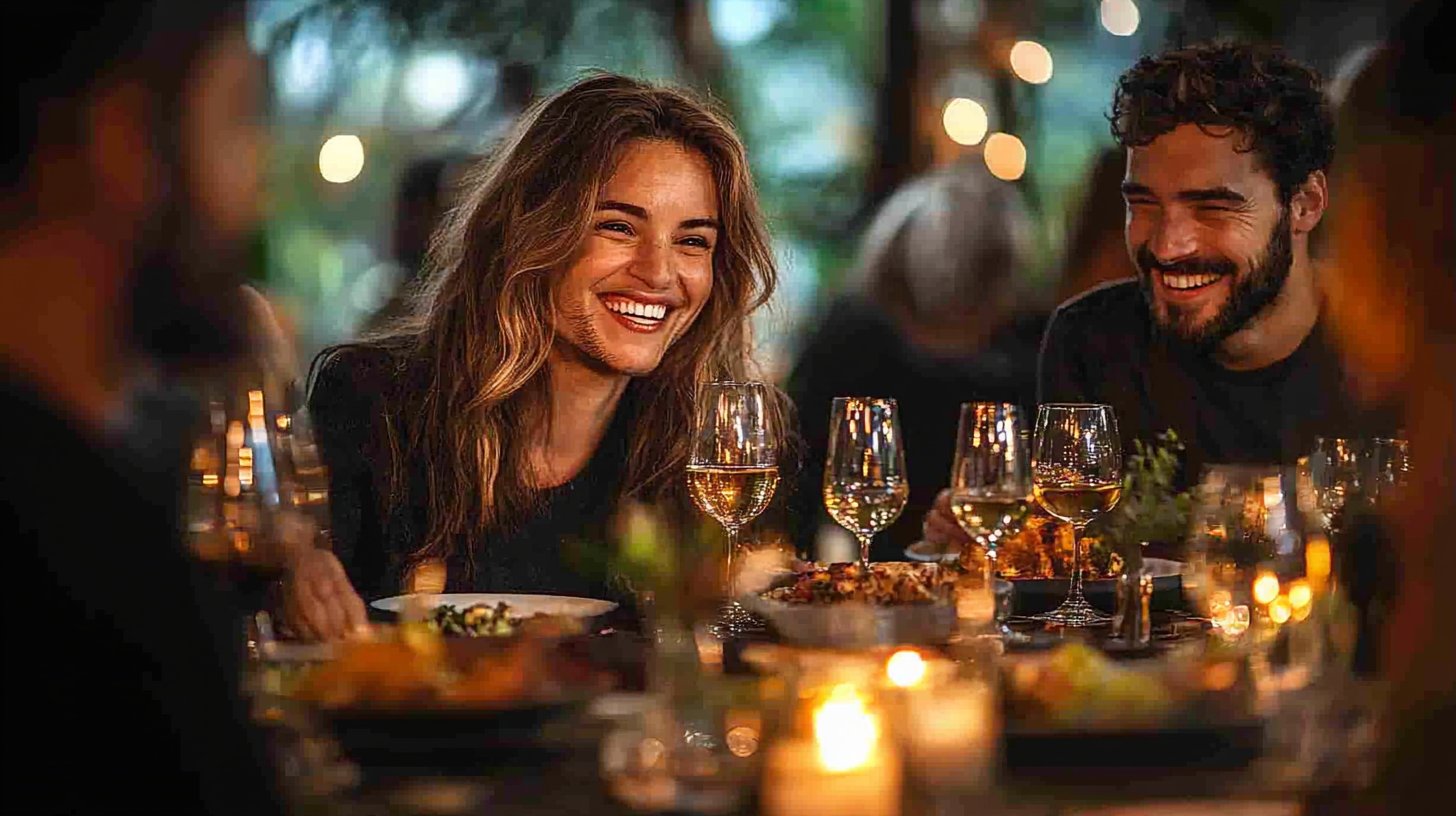 Momenti di risate tra amici a tavola.