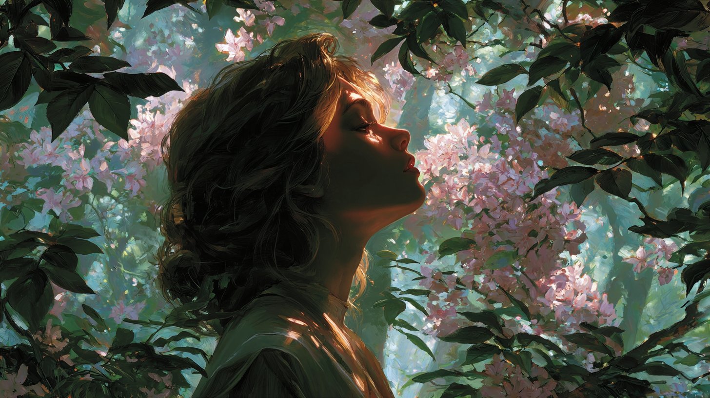 Une femme pensive dans un jardin en fleurs.