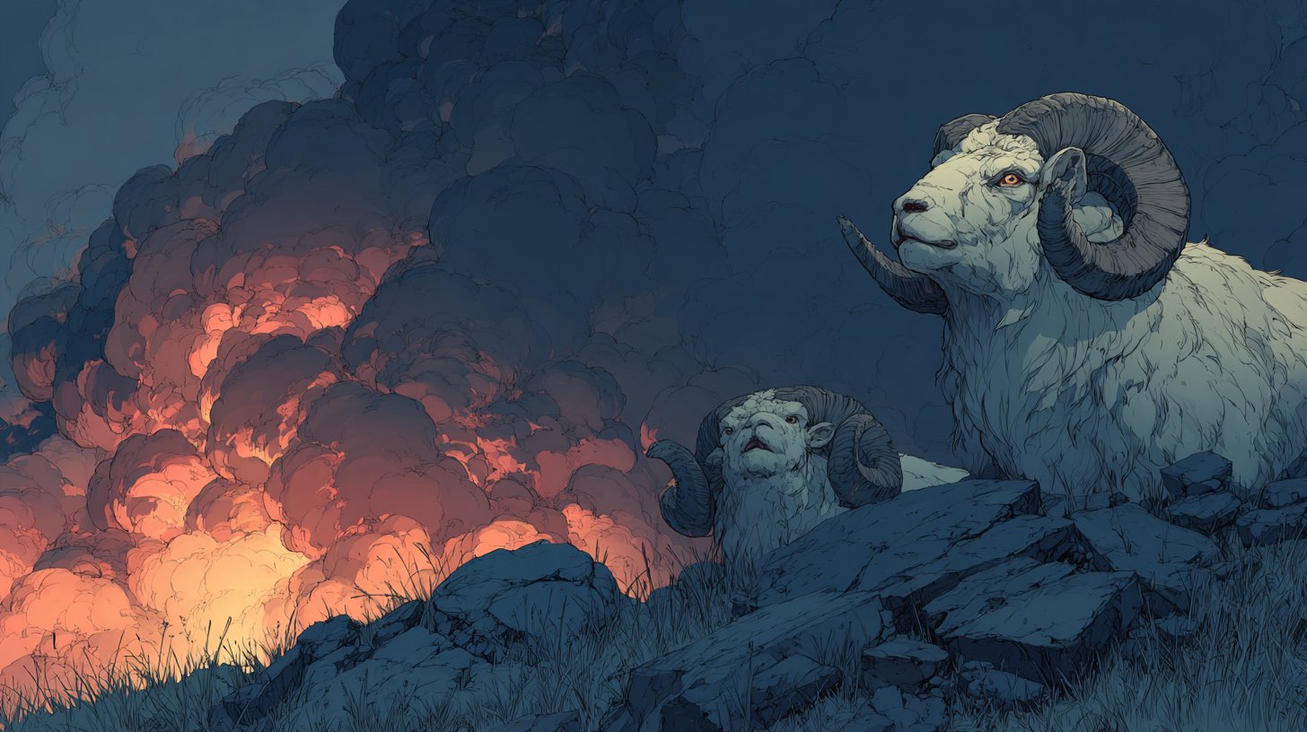 Un Bélier incarnant la force dans un paysage dramatique reflétant des conflits intérieurs.