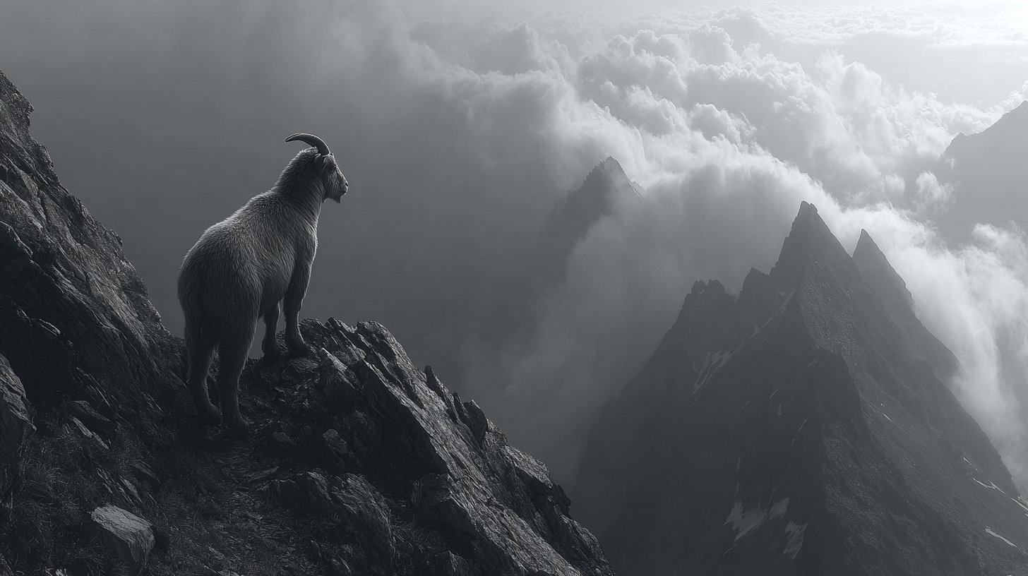 Un Capricorne debout au sommet d'un pic, regardant vers le bas avec pression et solitude.