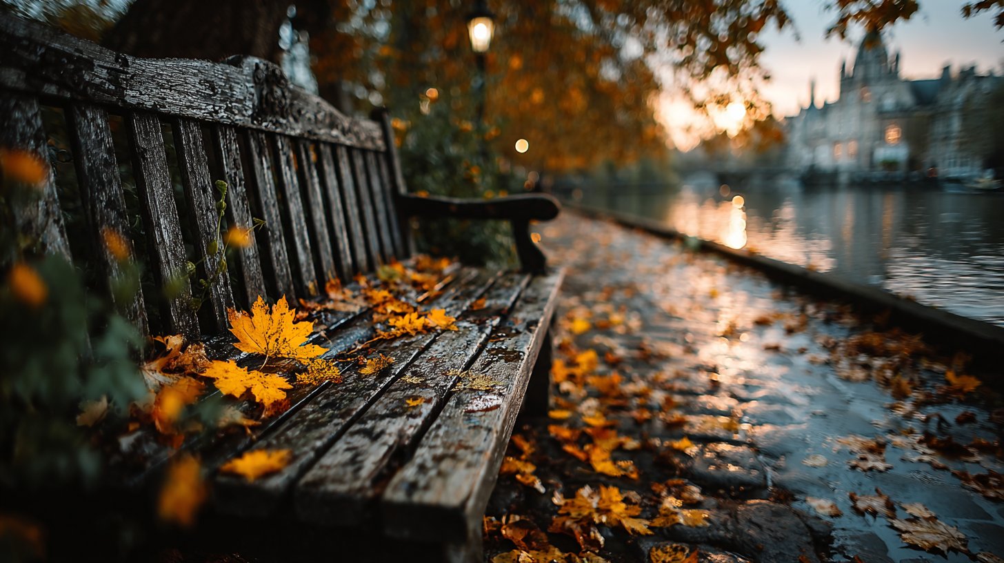 Eine leere Parkbank im Herbst, umgeben von fallenden Blättern.