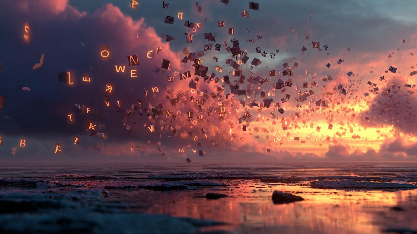 Ethereale Szene mit leuchtenden Worten, die in der Luft schweben.