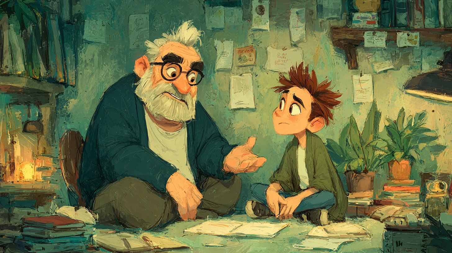 Ein sanfter Mentor gibt Feedback an einen entmutigten Studenten.