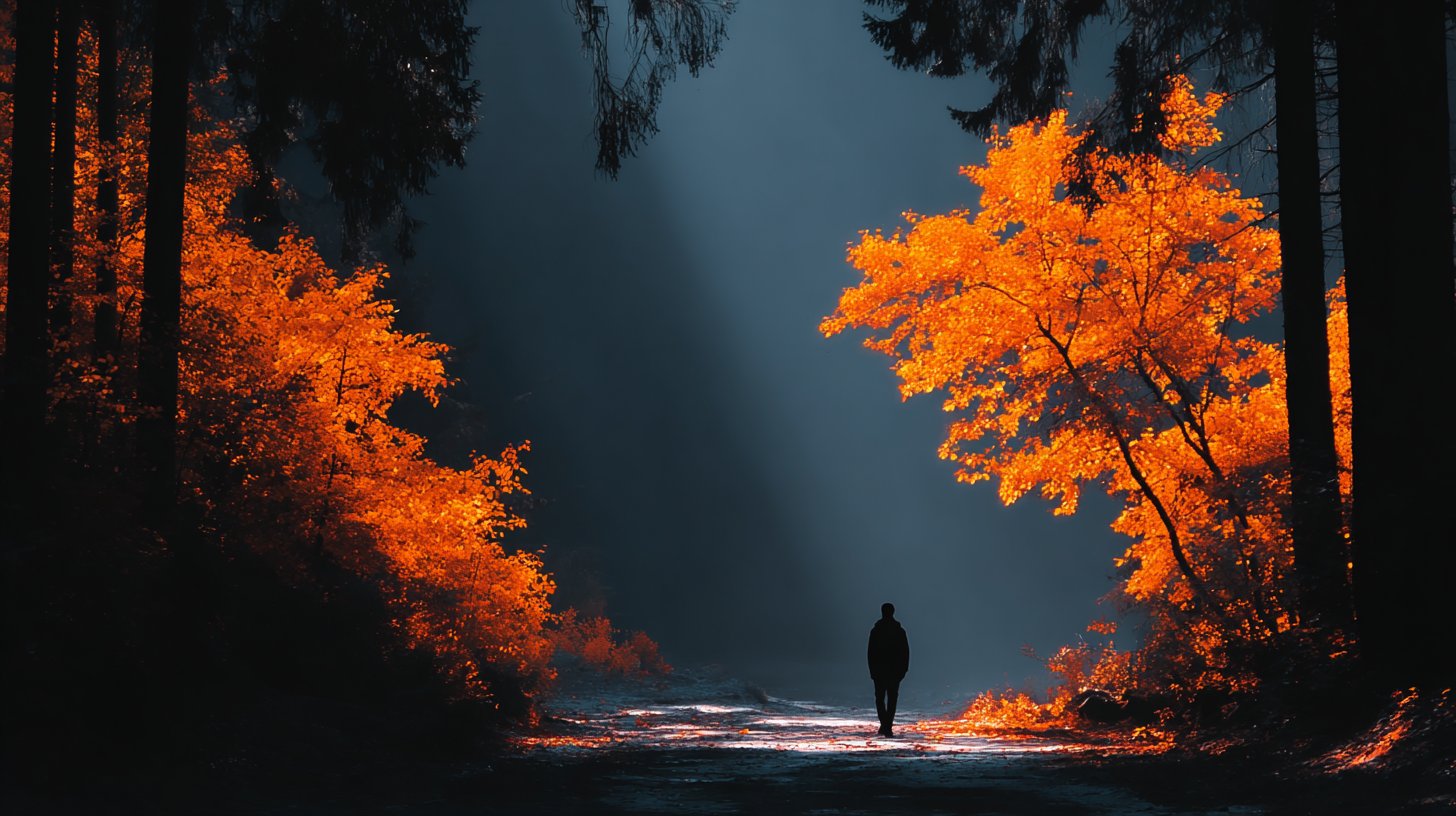 Un sendero dorado cubierto de hojas que simboliza cambio y esperanza.