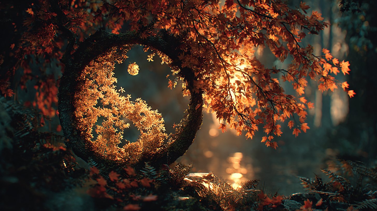 Un símbolo yin-yang rodeado de hojas de otoño, que representa la armonía.
