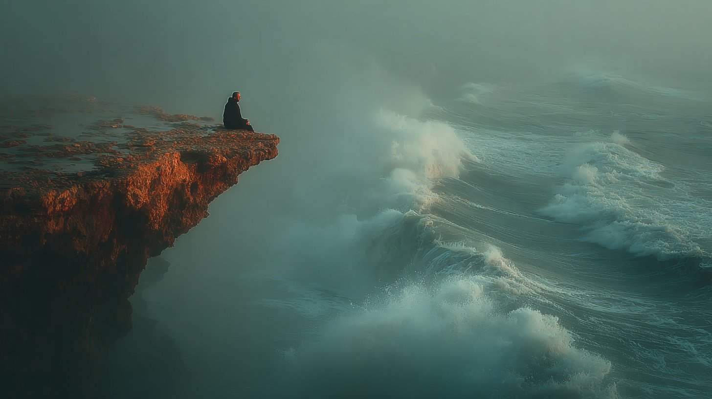 Ein Mann am Klippenrand, der ins ungewisse Meer blickt und Verletzlichkeit fürchtet.