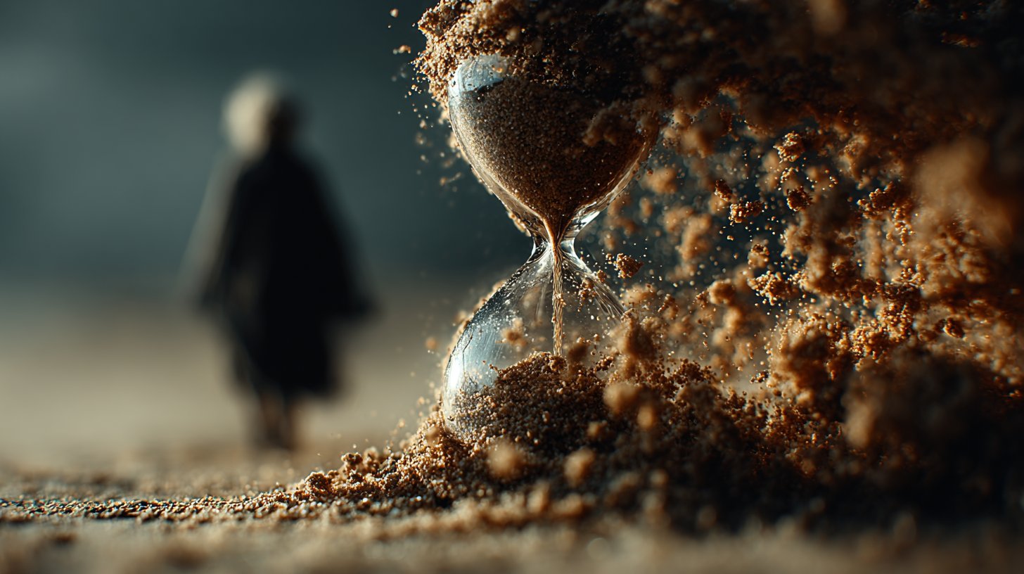 Eine zerbrochene Sanduhr, die den Verlust symbolisiert, während eine Silhouette danach greift.