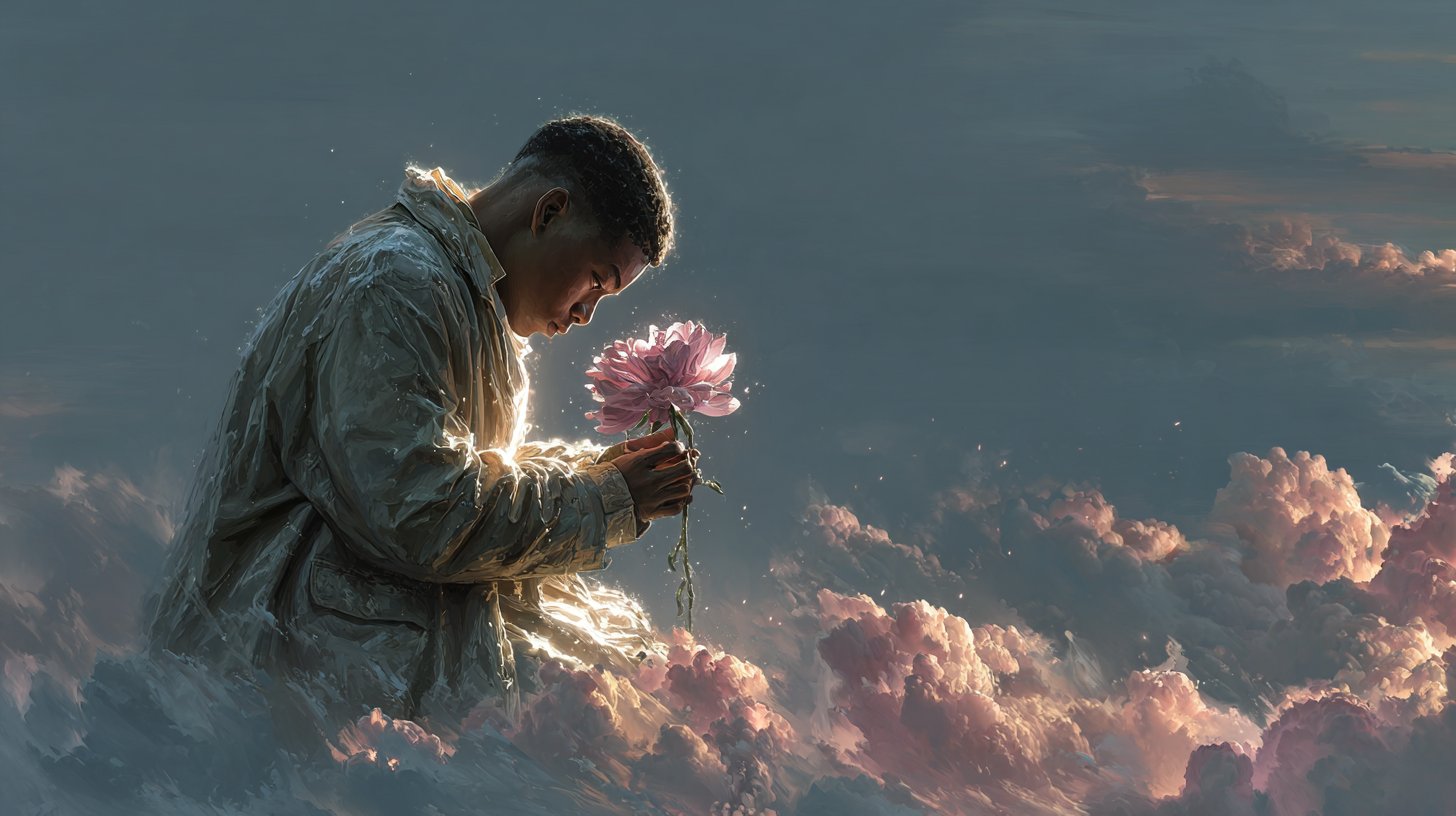 Ein Mann hält eine zerbrechliche Blume, die die Suche nach Bestätigung darstellt.