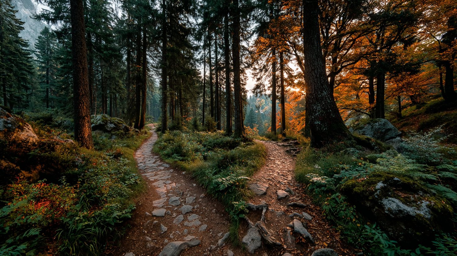 A split path in a forest leading to contrasting environments.