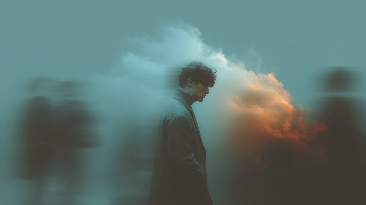 An abstract representation of dissatisfaction surrounded by dark clouds.