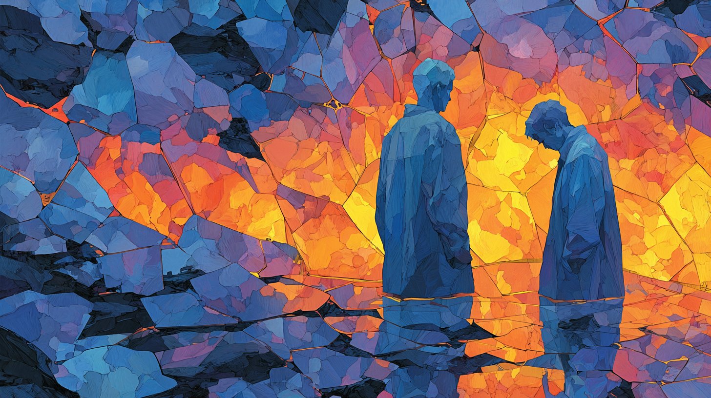 Two abstract figures facing away from each other amid fractured glass.