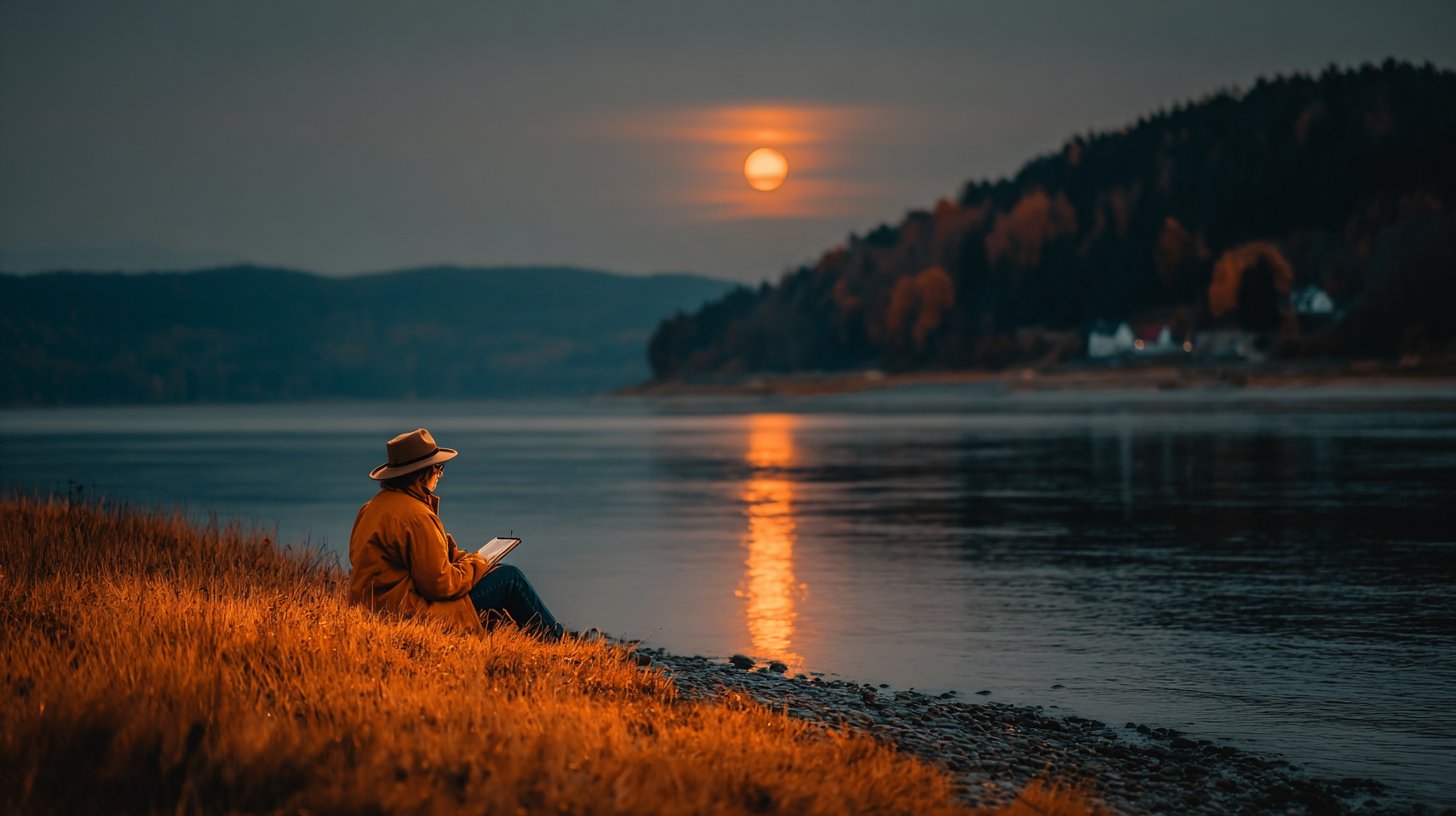 Eine Person sitzt am ruhigen Ufer und schreibt im Mondlicht.