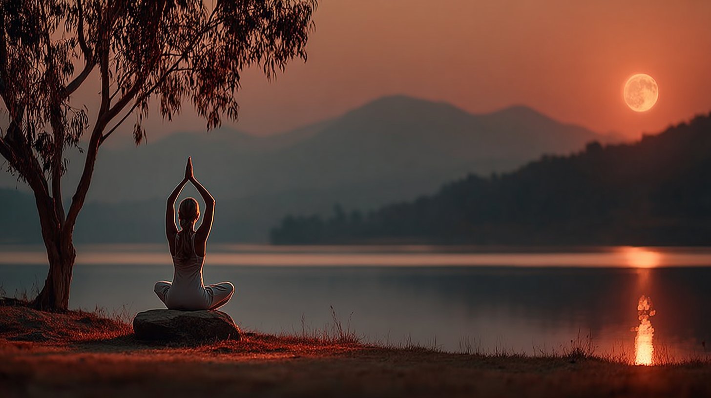 Eine Person übt Yoga im Freien bei Sonnenaufgang mit dem Mond am Himmel.
