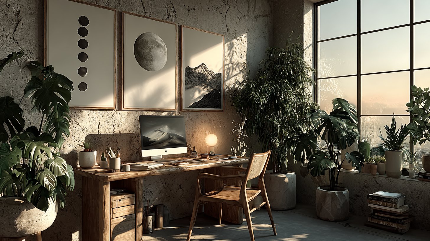 Ein ordentliches Arbeitszimmer mit Mondphasen an der Wand und sanftem Licht.