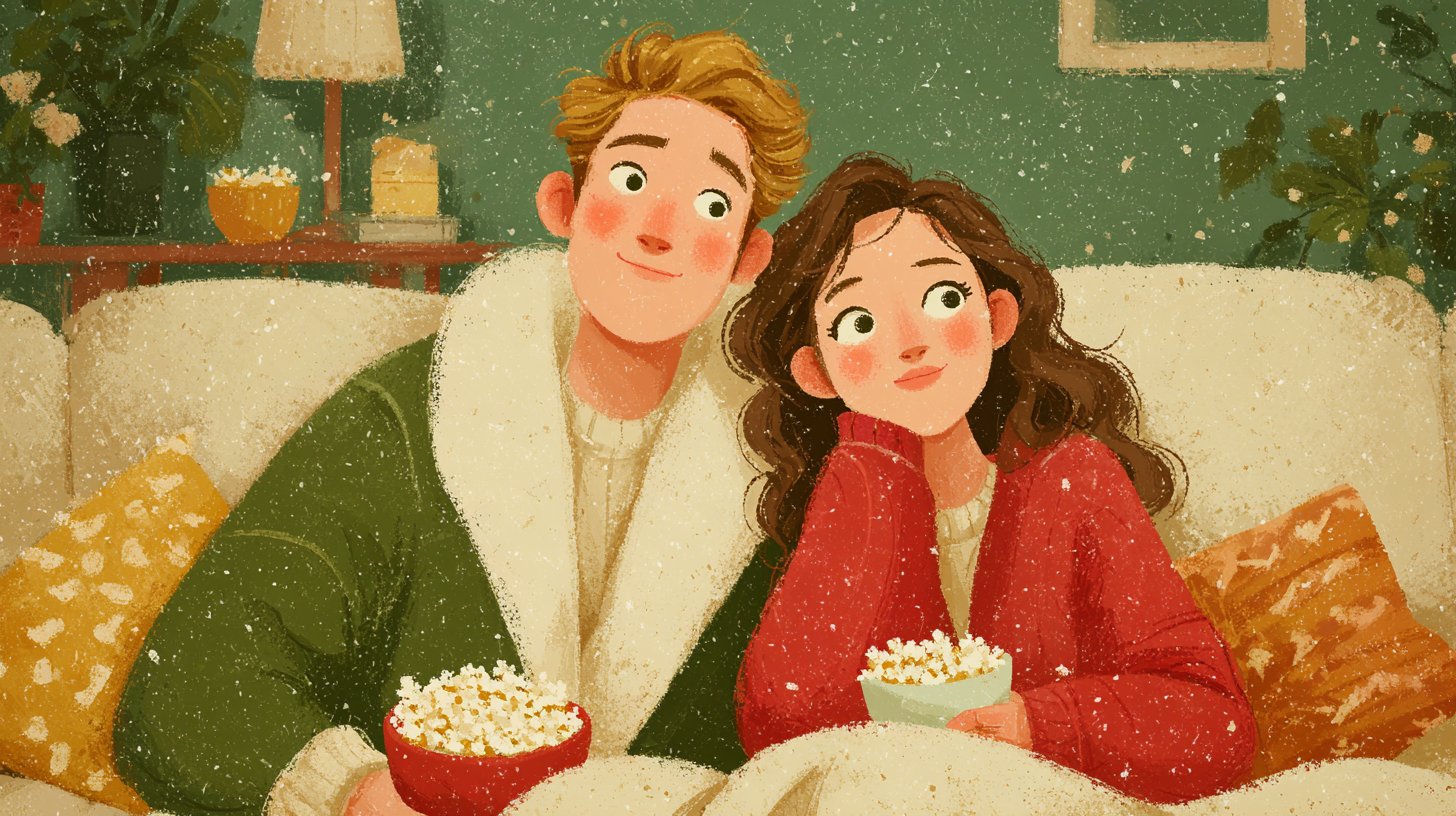 Ein Pärchen genießt einen Filmeabend auf dem Sofa, strahlend vor Freude.