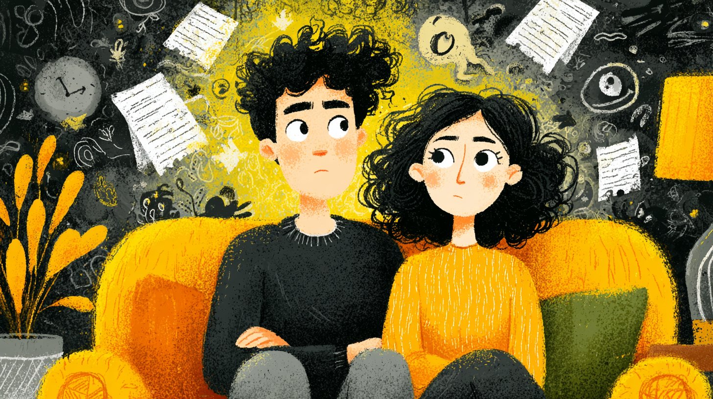 Ein Pärchen auf dem Sofa, dessen Körpersprache Spannungen andeutet.