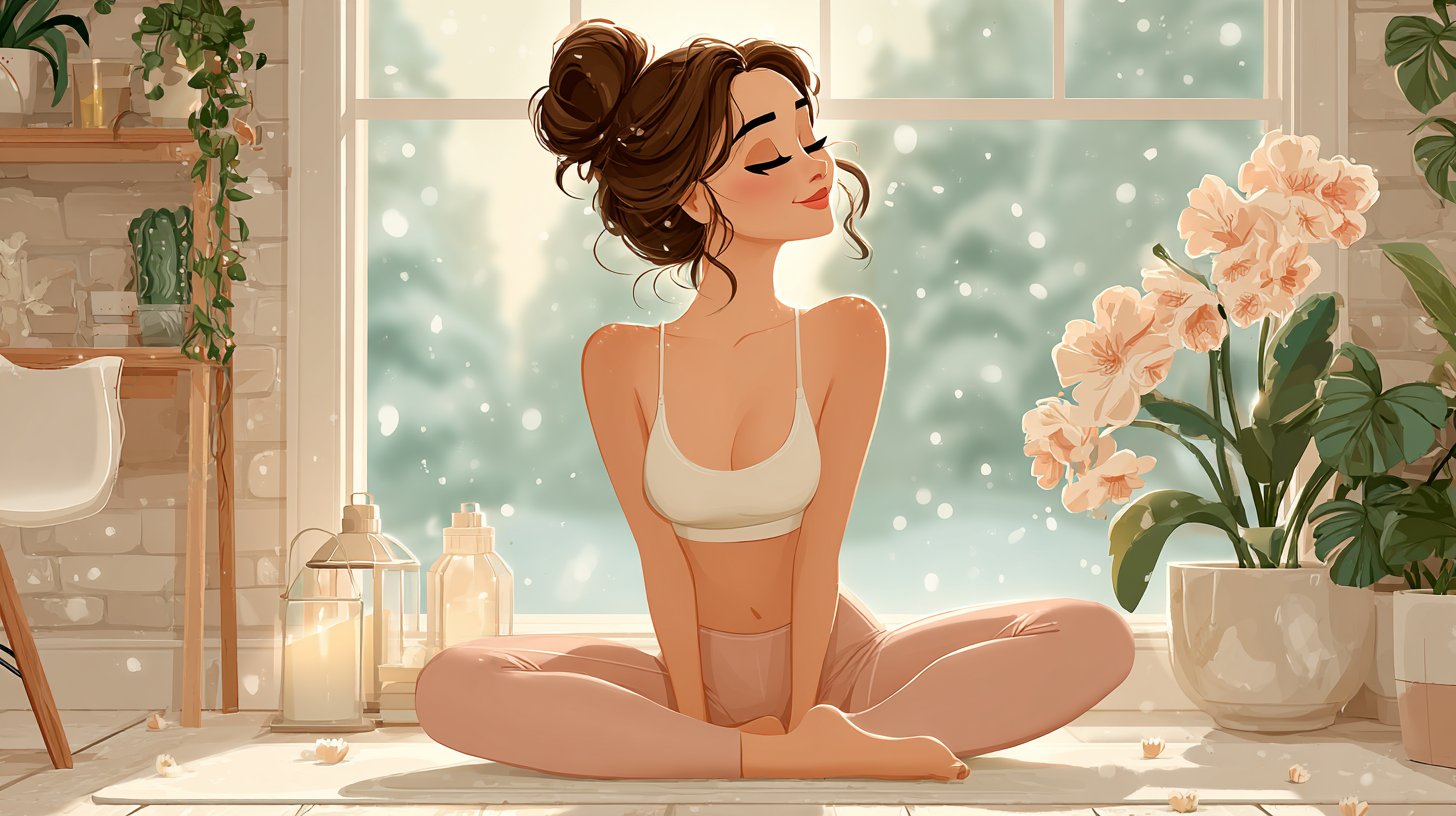 A person with moderate flexibility smiling in a home yoga pose.