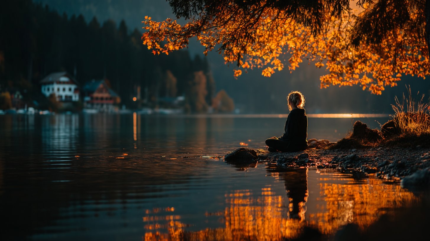 Eine Person sitzt friedlich an einem ruhigen See und reflektiert.