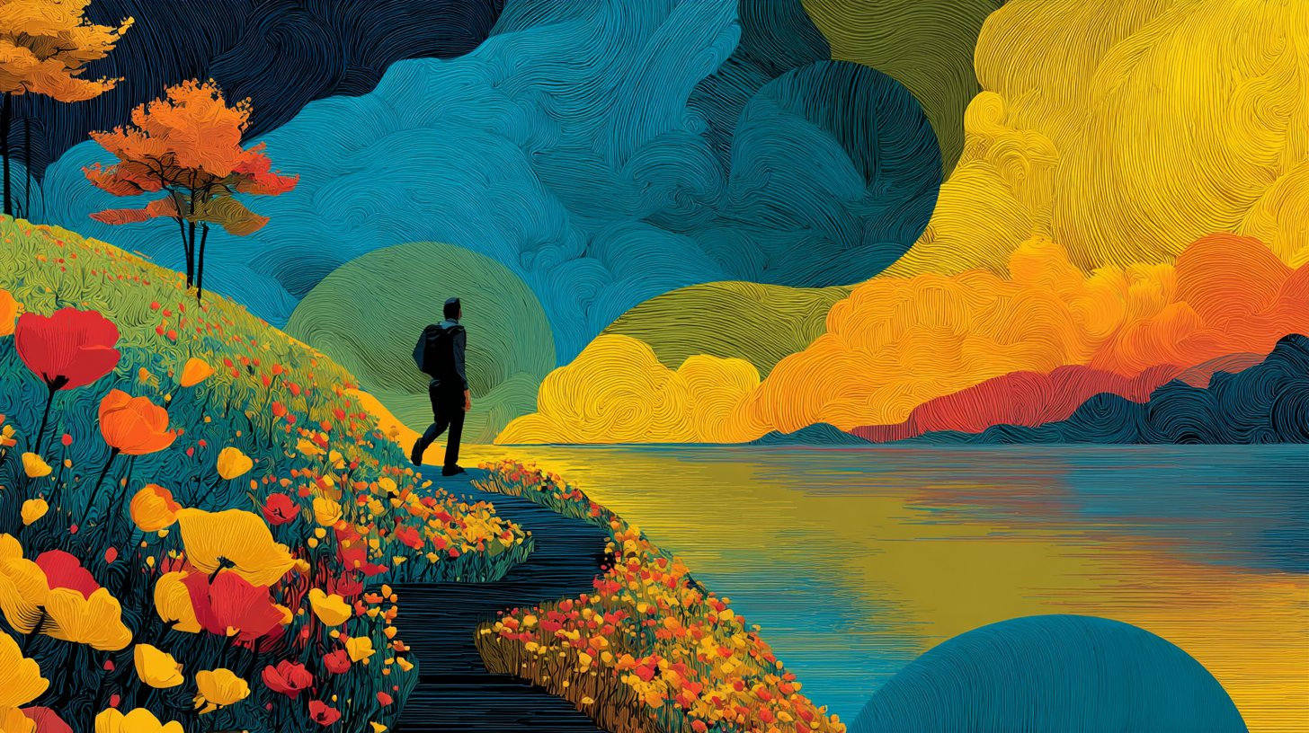 Eine dynamische Szene einer Person, die auf einen neuen Weg tritt.