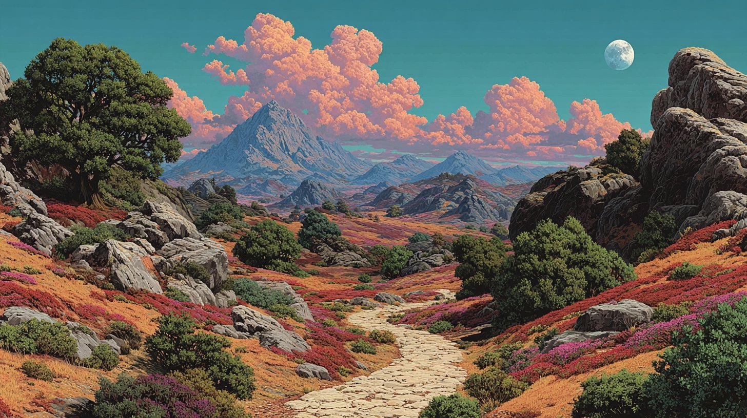 Ein gewundener Pfad führt durch eine atemberaubende Landschaft.