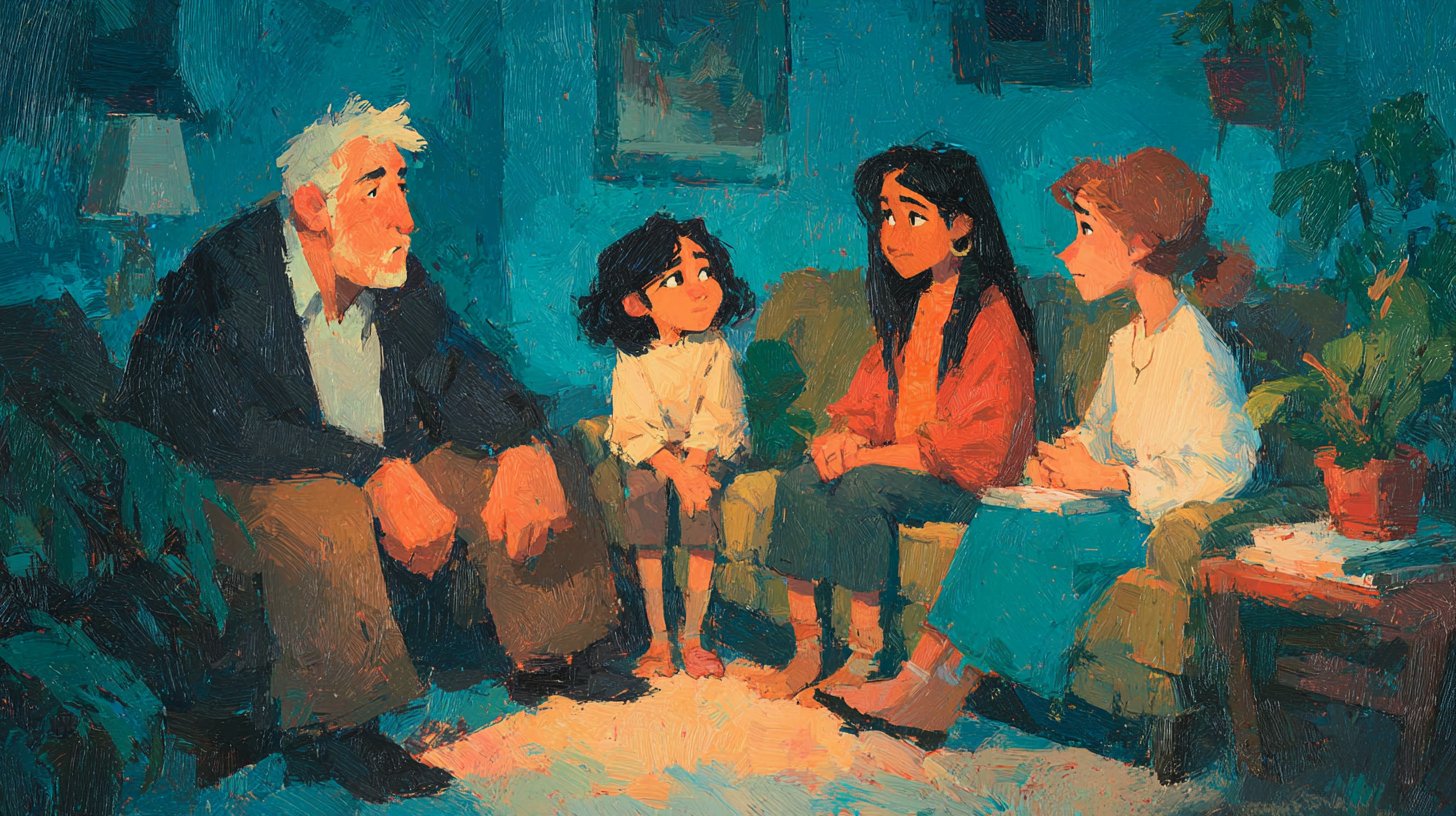 Familienmitglieder im nachdenklichen Gespräch, Empathie und Mitgefühl in der Luft.